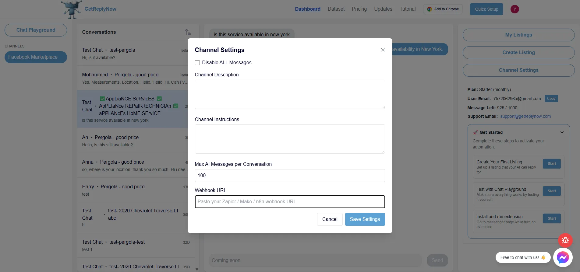 Facebook Marketplace auto reply channel settings configuration
