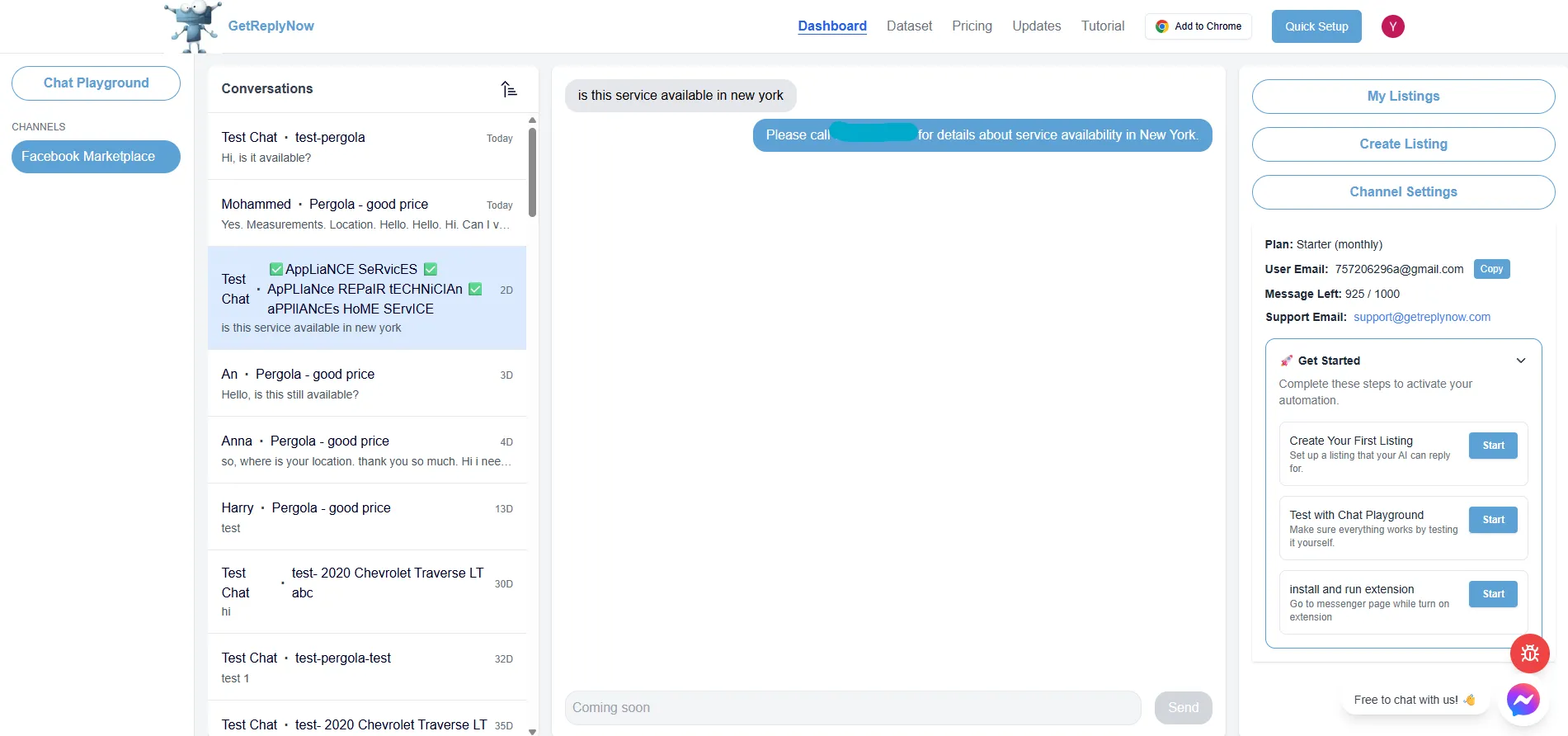 Monitoring Facebook Marketplace conversations and auto replies dashboard