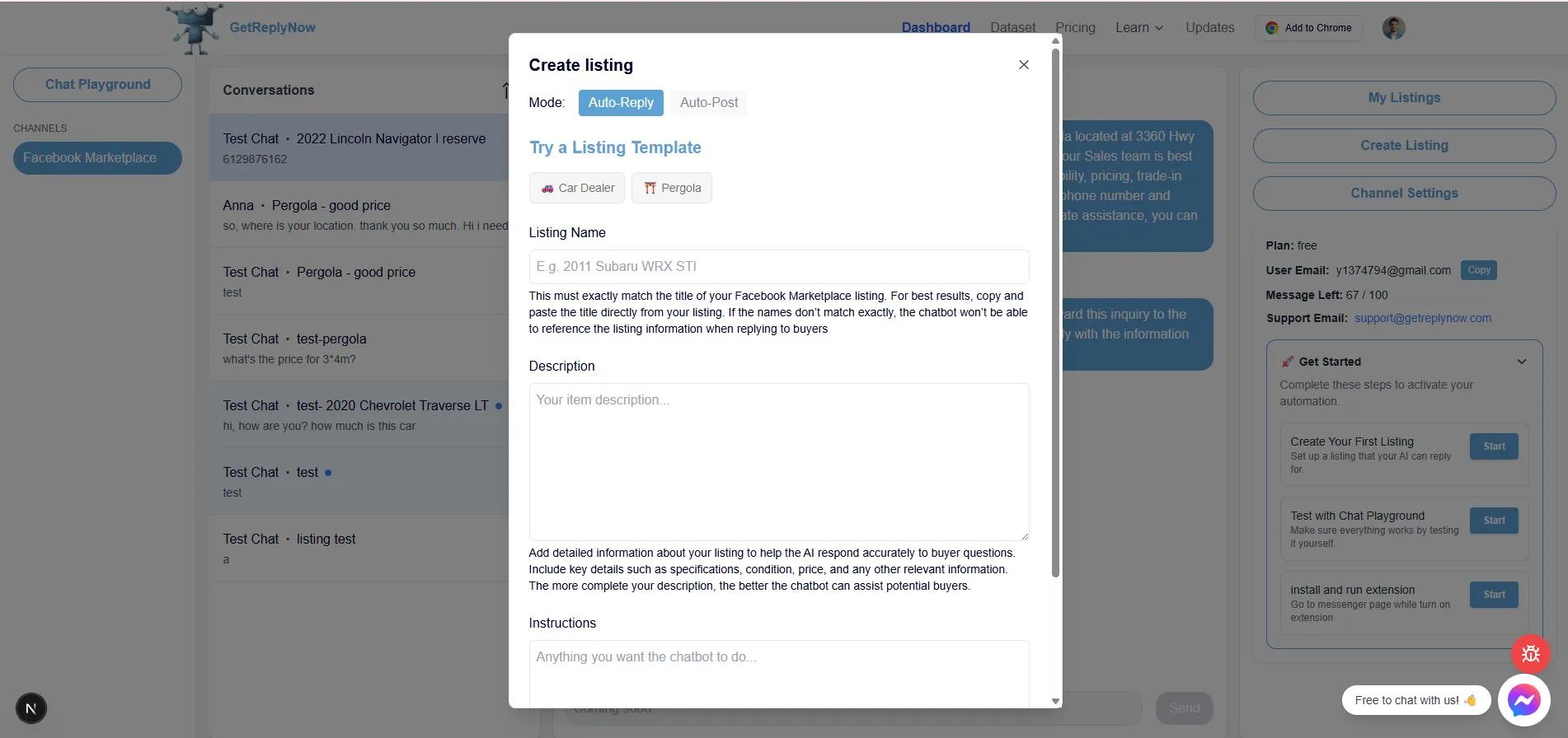 Creating Facebook Marketplace listing for auto reply setup