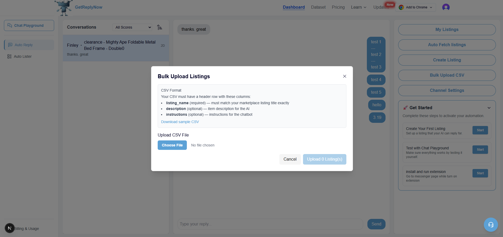 GetReplyNow dashboard showing conversation management, lead scoring, and listing automation for Facebook Marketplace