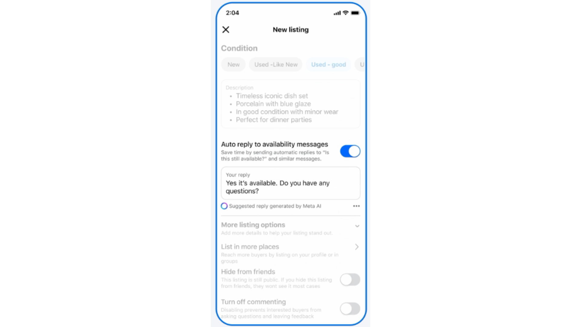 Meta AI auto-reply interface in Facebook Marketplace mobile app