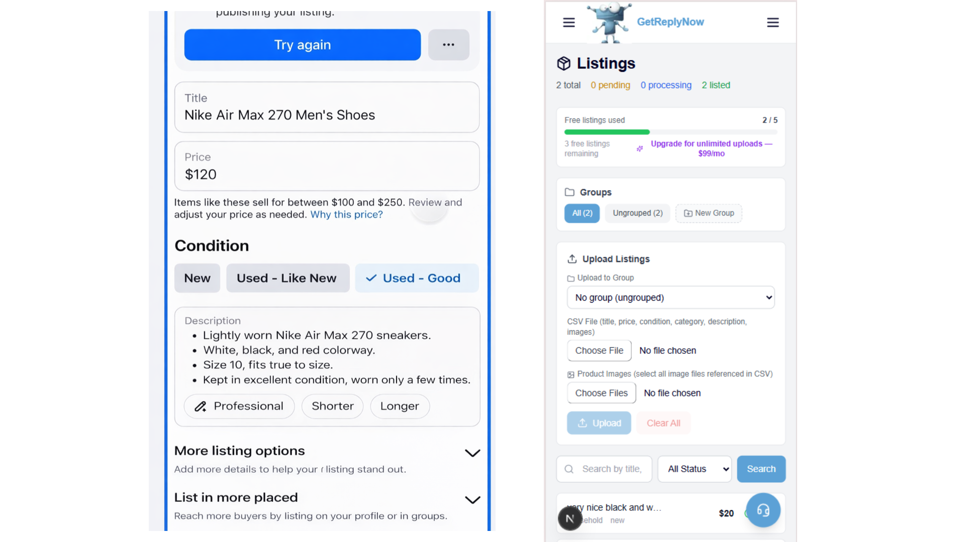 Side-by-side comparison of Meta AI one-listing workflow vs GetReplyNow bulk listing dashboard