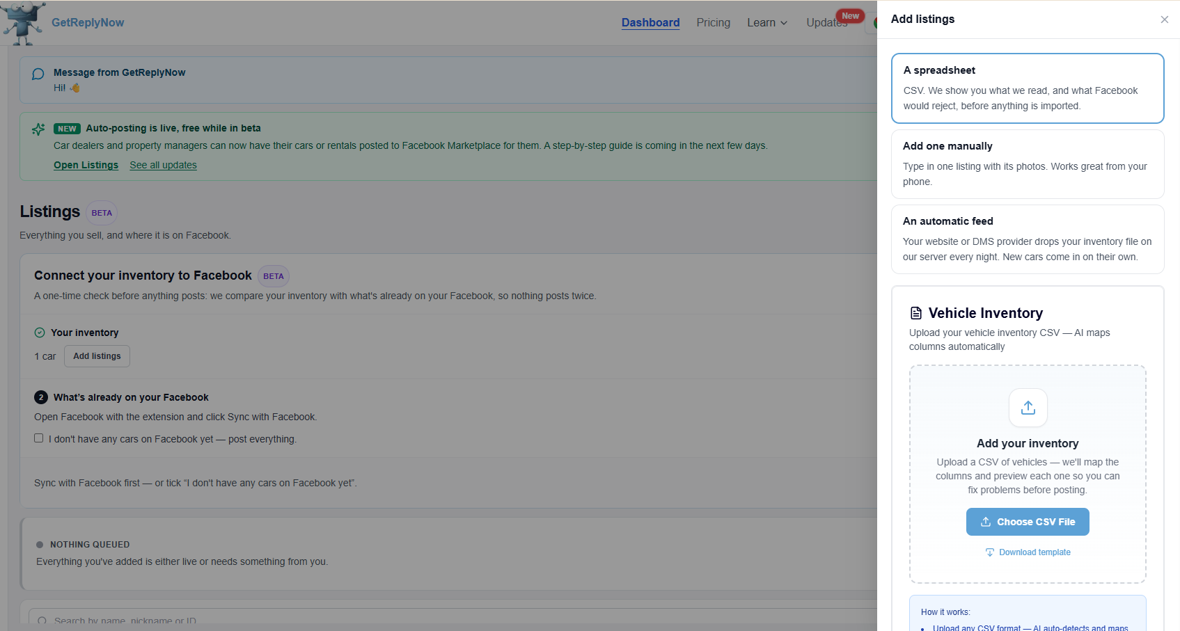 The Add listings panel: a spreadsheet, add one manually, or an automatic feed