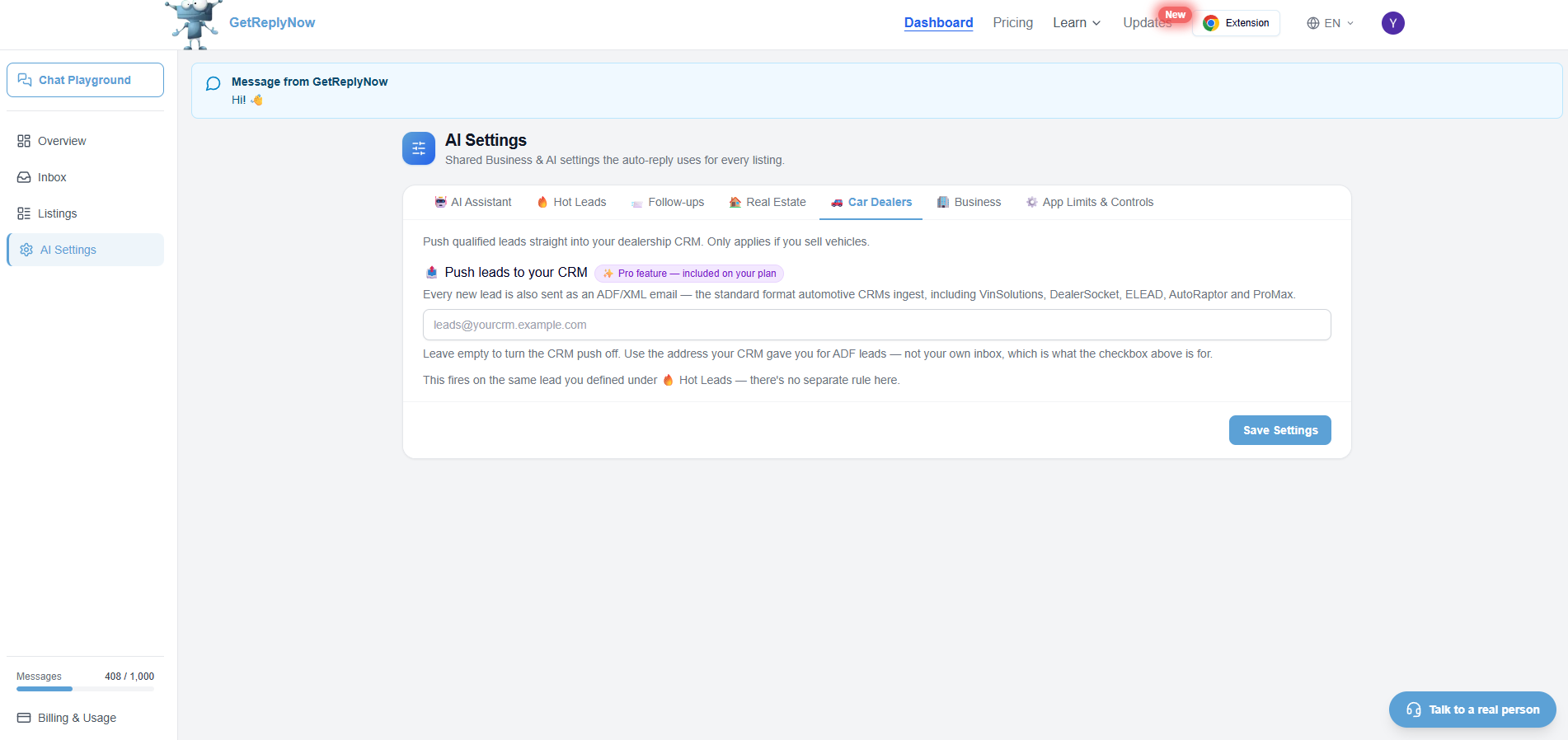 AI Settings → Car Dealers: paste your CRM's ADF lead address into 