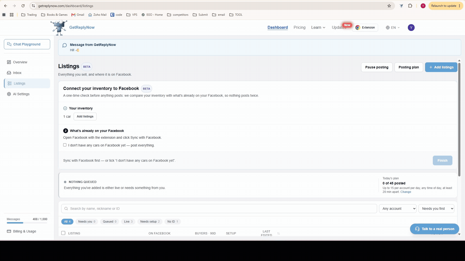 The Listings page: connect your inventory, see what's queued, posting and live