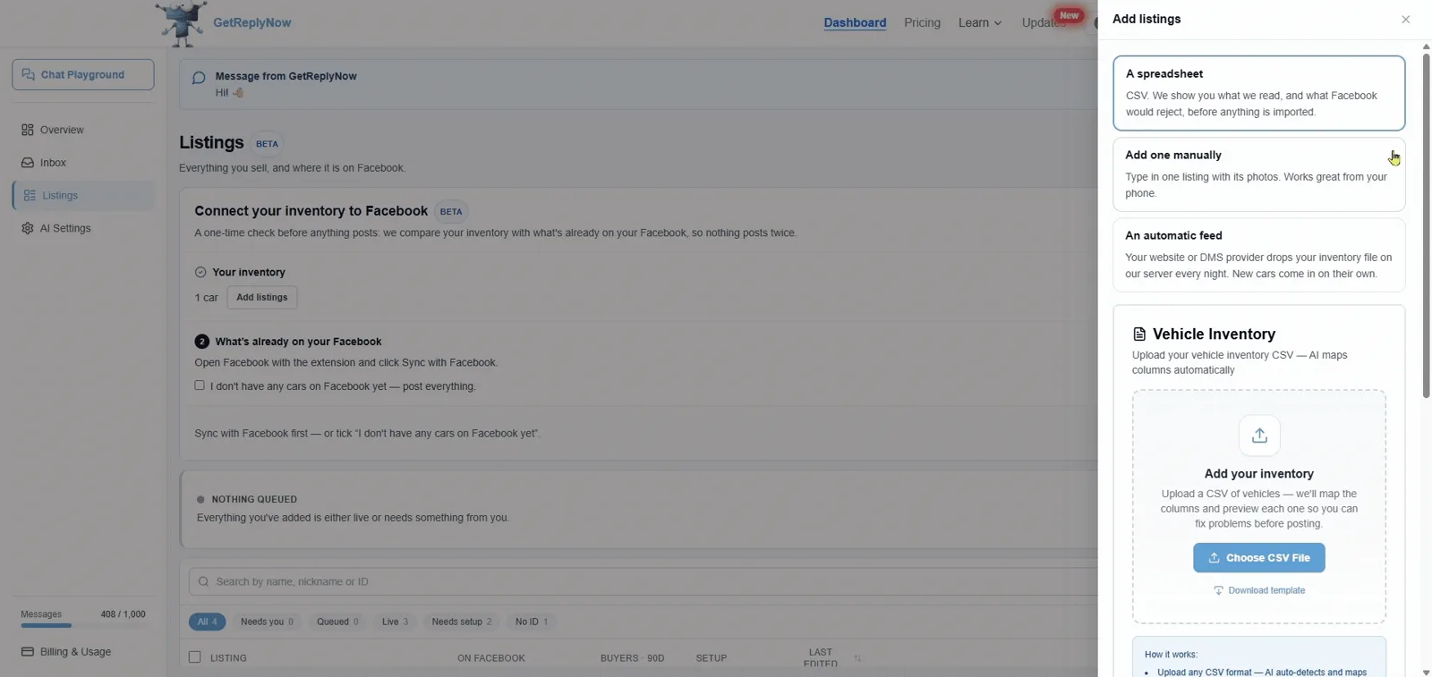 The GetReplyNow Listings page with the Add listings panel open