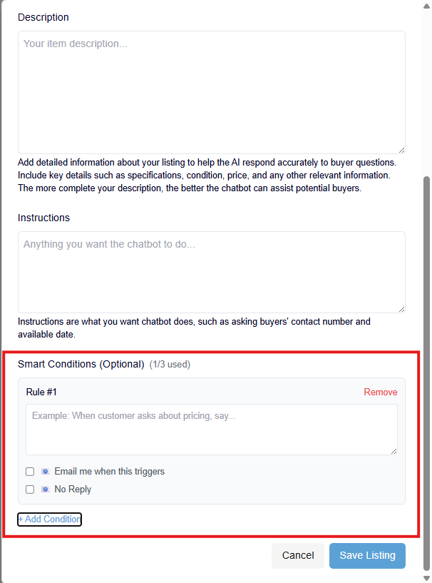 GetReplyNow Smart Conditions interface showing email alert and no-reply action settings for Facebook Marketplace chatbot